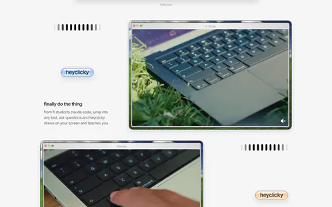 heyclicky features section: three zig-zag rows pairing short captions and colored heyclicky pills with mac-window videos of laptops