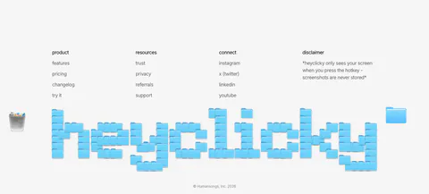 heyclicky footer section: four link columns above a giant wordmark built from blue folder icons, copyright line on light gray
