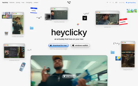 heyclicky hero section: centered wordmark headline with download buttons, scattered mac video windows and stickers around a large video player