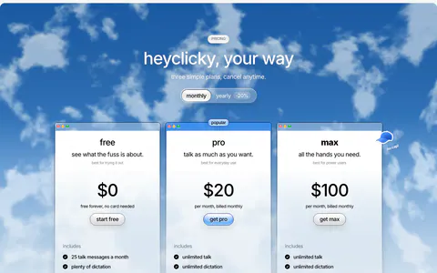 heyclicky pricing section: three plan cards with monthly/yearly toggle over a blue cloudy sky photo, dark student discount bar below