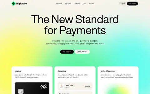 Highnote hero section: centered headline over a yellow-green-cyan glow above three product cards and a scrolling logo row