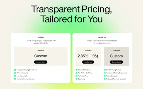 Highnote pricing section: large centered headline above two white plan cards with price boxes and checklists on a green glow