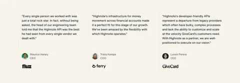 Highnote testimonials section: three quote columns separated by thin lines with avatars, titles and company logos on beige