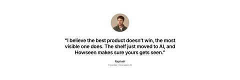 Howseen AI about & mission section: centered founder quote below a circular portrait on a plain white background