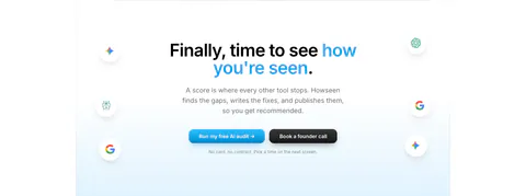 Howseen AI call-to-action section: centered headline and two buttons flanked by floating AI engine icons on a pale blue fade