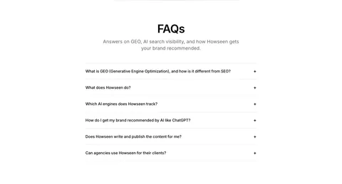 Howseen AI FAQ section: centered heading above a six-question accordion list on a white background