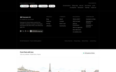 Howseen AI footer section: black footer with link columns and Ask AI buttons above a watercolor Paris skyline illustration
