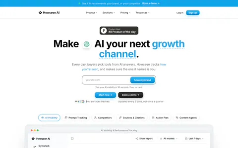 Howseen AI hero section: centered headline with URL scan field and tabs above an AI visibility dashboard screenshot on white