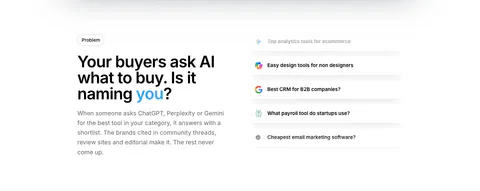 Howseen AI value proposition section: problem headline on the left beside a stacked list of AI prompt query cards on white