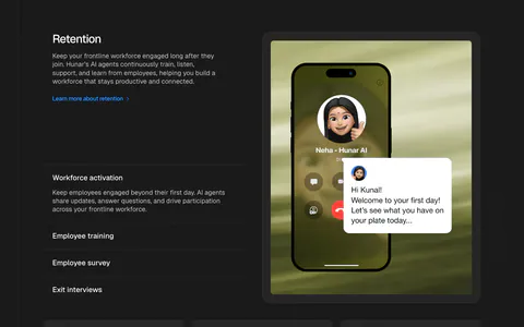 Hunar features section: dark background with retention copy and accordion list beside a phone call mockup, three outcome cards below