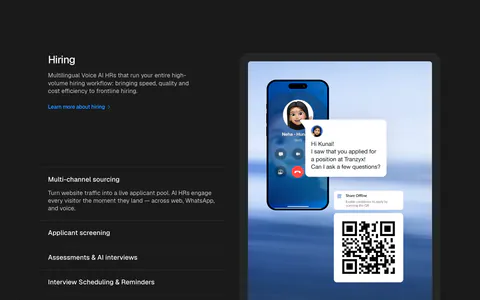 Hunar features section: dark background with hiring copy and expandable list beside a phone call mockup, three outcome cards below