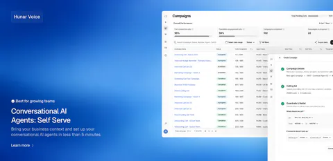Hunar features section: blue gradient background with text bottom-left and a campaign dashboard screenshot on the right