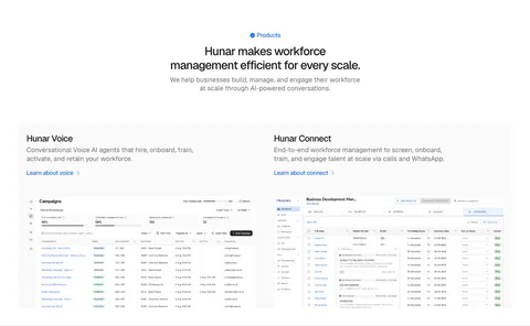 Hunar features section: centered heading above two product cards with campaign and candidate table screenshots on a light background