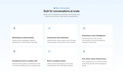 Hunar features section: centered heading above a two-row grid of six icon cards on a pale blue background