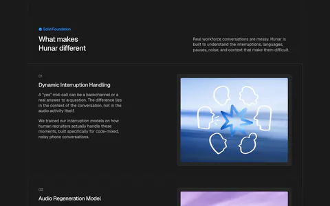 Hunar features section: dark background with four numbered capability rows, each pairing text with a line-art illustration on color