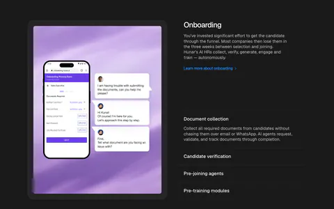 Hunar features section: dark background with a phone onboarding form mockup on the left, accordion list on the right, three cards below