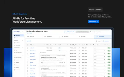 Hunar features section: dark header with heading and Learn more button above a large candidate table screenshot on a blue glow