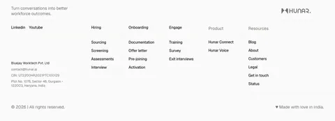 Hunar footer section: light grid footer with tagline, social links, company address and link columns beside the Hunar wordmark