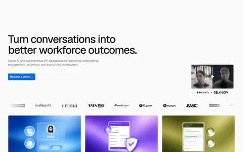 Hunar hero section: left-aligned headline with demo button, video thumbnail, customer logo row and three gradient product cards below