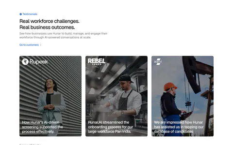 Hunar testimonials section: left heading above three photo cards with customer quotes over images and a customer logo row