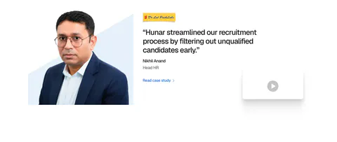Hunar testimonials section: headshot photo on the left, customer quote with logo and case study link, and a video thumbnail