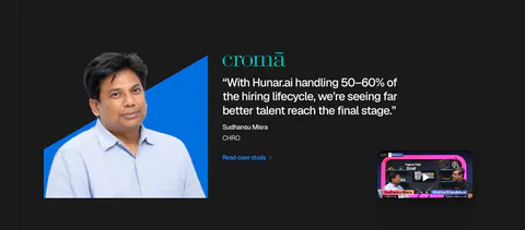 Hunar testimonials section: dark background with an executive photo on a blue shape, Croma quote and a podcast video thumbnail