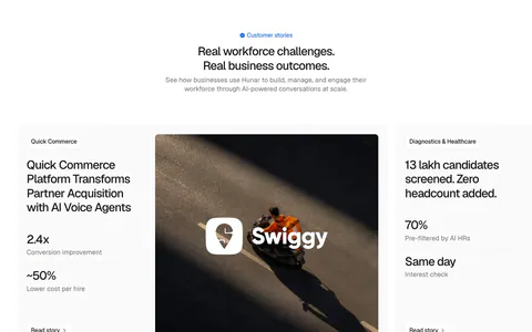 Hunar testimonials section: centered heading above a case-study carousel card with metrics, a Swiggy delivery photo and arrow controls
