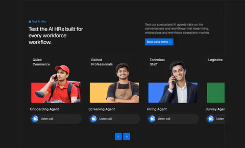 Hunar use cases section: dark background with split header and a carousel of agent cards showing worker photos and listen-call buttons