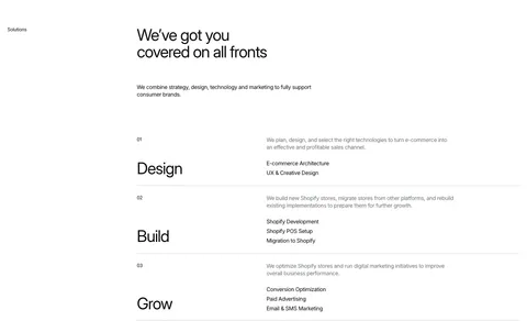 Hyper Effekt features section: headline above three numbered service rows, Design, Build and Grow, each with a short list on white