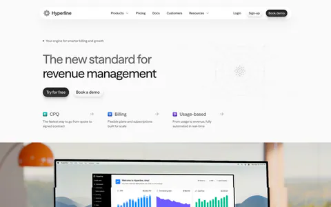Hyperline hero section: left-aligned headline and three product links above a photo of a desktop monitor showing the billing dashboard