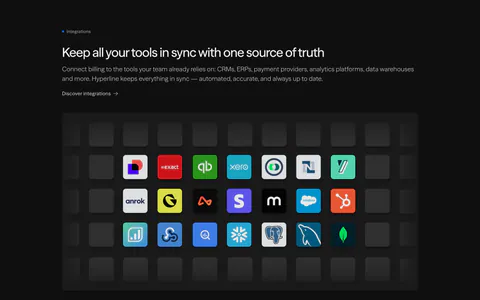 Hyperline integrations section: left-aligned headline above a grid of colorful app icon tiles fading into empty dark tiles