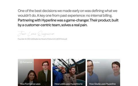 Hyperline testimonials section: large quote with handwritten signature above three photo case-study cards on white