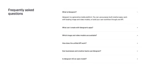 Ideogram FAQ section: heading on the left, accordion of six questions on the right with the first one expanded, on white