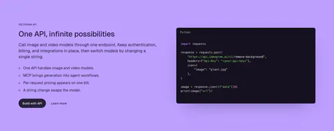 Ideogram features section: purple background, headline, copy and bullet list on the left, dark Python code snippet window on the right