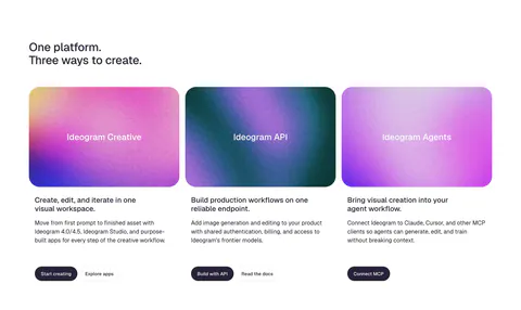 Ideogram features section: two-line headline above three product cards with grainy pink and purple gradient panels, copy and buttons