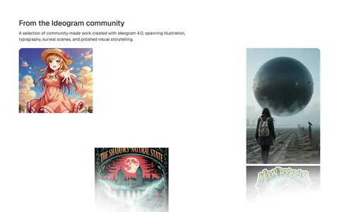 Ideogram features section: headline and intro above a scattered gallery of community images incl. anime art, a poster and a surreal sphere