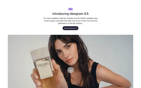 Ideogram features section: centered NEW badge, headline, copy and button above a wide video frame of a woman holding a perfume bottle
