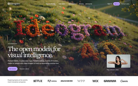 Ideogram hero section: serif headline and buttons over a full-bleed hillside of flowers, release video thumbnail, logo strip below