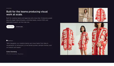 Ideogram testimonials section: dark navy split with headline, buttons and a Skechers quote left, photo grid of a red patterned shirt right