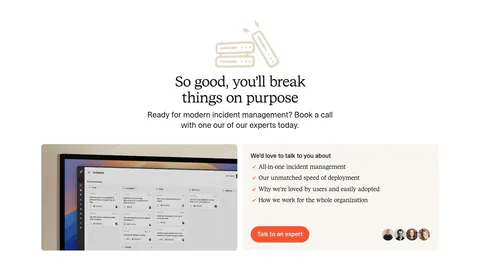 incident.io call-to-action section: serif centered headline with line-art icon above a monitor screenshot and a talk-to-an-expert card