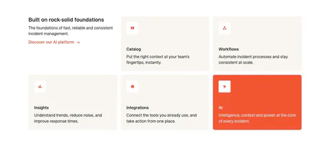 incident.io features section: intro text beside a grid of five beige feature cards with one orange AI card on white