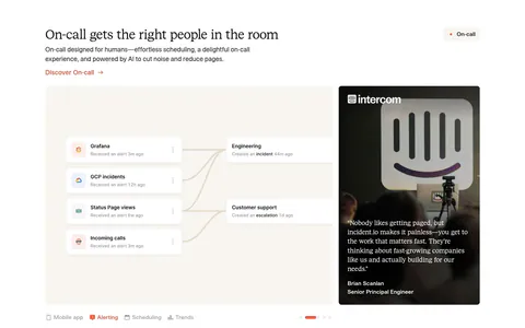 incident.io features section: serif headline above an alert-routing UI panel beside a customer quote photo card, with tabs below
