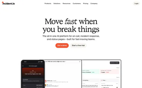 incident.io hero section: serif centered headline and orange CTA above mobile and desktop app screenshots and a customer logo row