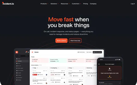 incident.io hero section: centered headline with orange accent on dark navy above a desktop dashboard and mobile paging screenshot