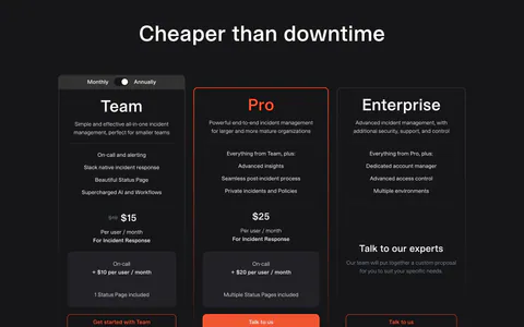 incident.io pricing section: centered headline above three dark plan cards with a monthly/annual toggle and orange buttons