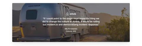 incident.io testimonials section: centered Airbnb customer quote overlaid on a full-width photo of an Airstream trailer