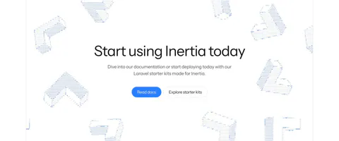 Inertia.js call-to-action section: centered headline with blue and outline buttons amid scattered dotted isometric 3D shapes on white