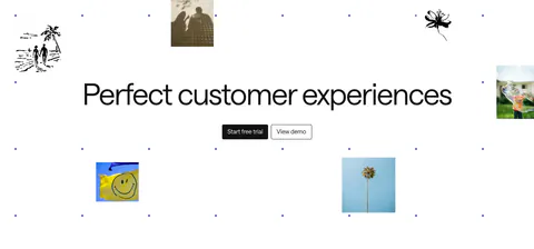 Intercom call to action section: large centered headline and two buttons amid scattered photo tiles, ink sketches and a blue dot grid