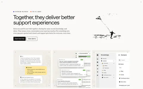 Intercom features section: headline with an ink kite drawing above three equal cards showing chat, recommendations and knowledge hub UI
