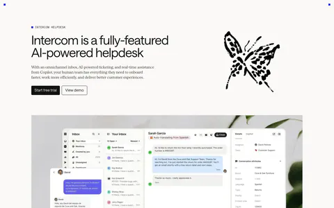Intercom features section: headline beside an ink butterfly drawing, large inbox screenshot over a plant photo, three selectable feature columns